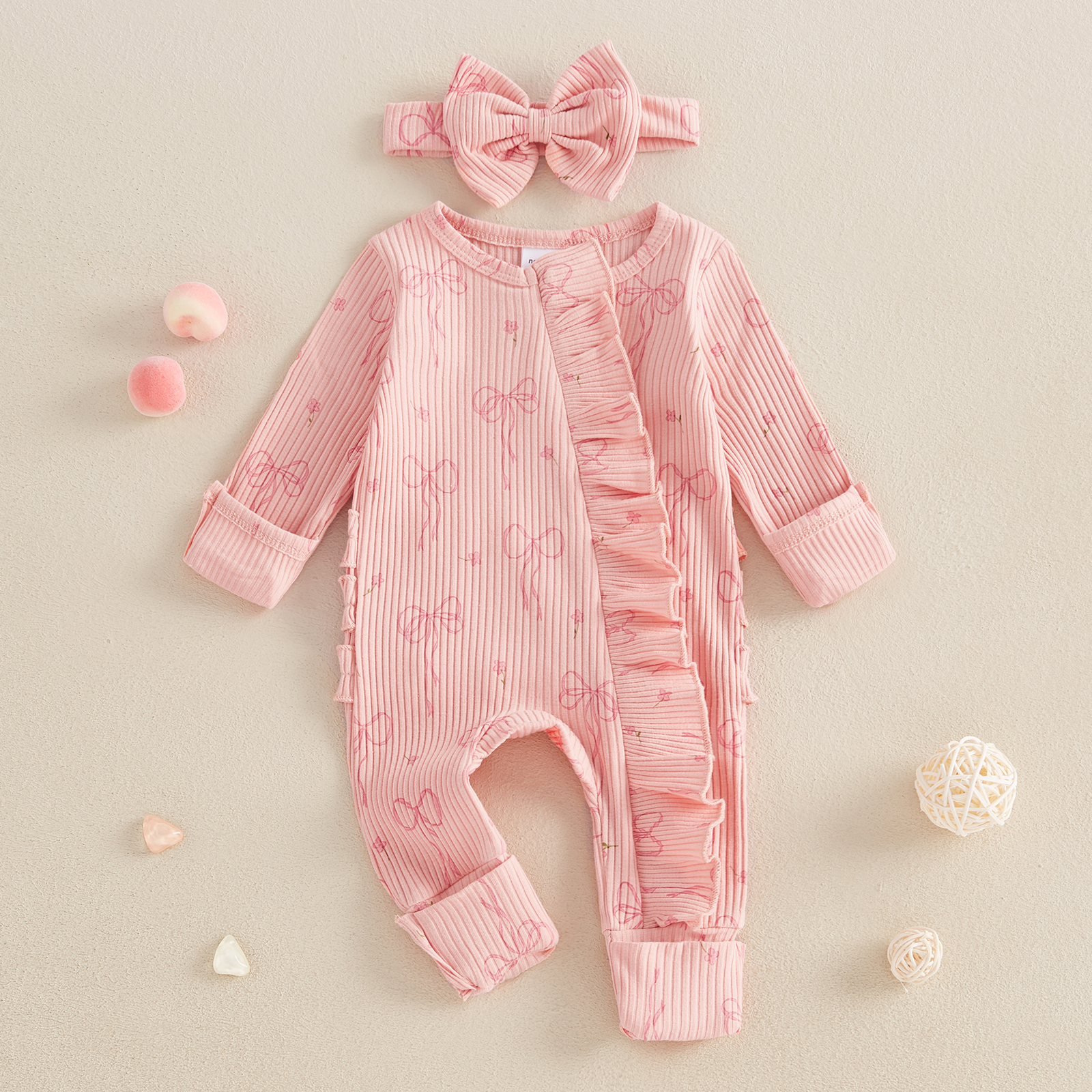 Ruffle Zip Up Newborn Romper Cute Lovely Baby Girls Clothes for Spring Fall Bow Kids Long Sleeve Full Length Jumpsuit Headband