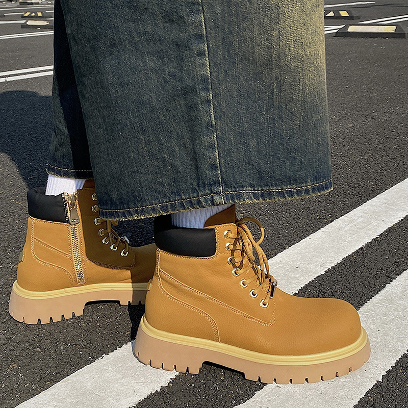 Stylish Fashion Designer Men Solid Boot Leather Shoes Business Minimalist Non-Slip Lace Up Leather Round Toe Thick Sole Rock Gothic Punk Ankle Boot
