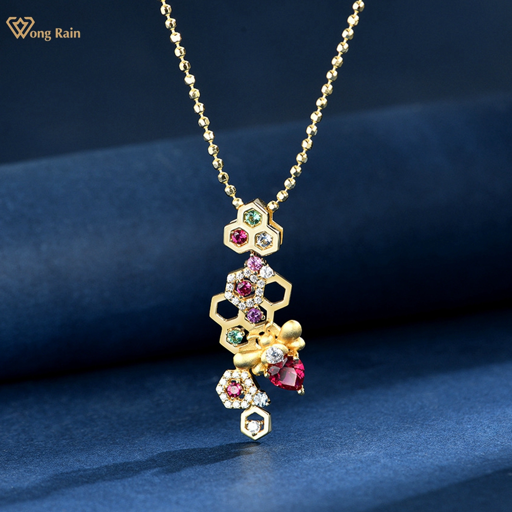 Wong Rain Vintage 925 Sterling Silver Heart Cut 5*5 MM Ruby High Carbon Diamond Gemstone Pendant Necklace Fine Jewelry Wholesale