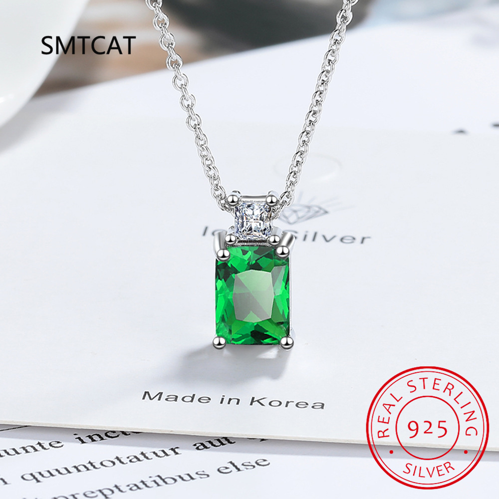 Emerald Cut Green Nano Emerald 925 Sterling Silver Square Pendant Necklace for Women Gemstone Fine Jewelry Colar de Prata