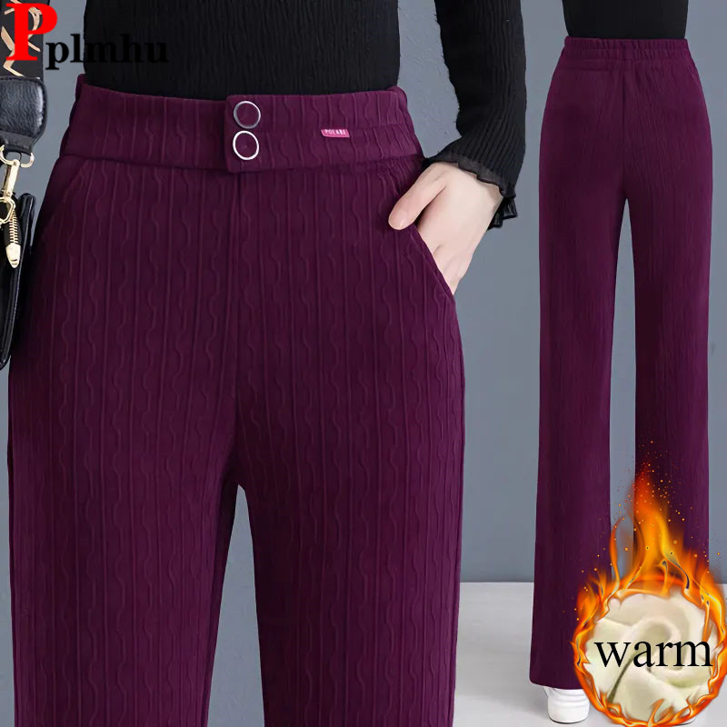 Winter Warm Loose Solid Straight Pants Women Elastic High Waist Velvet Lined Wide Leg Pantalones Casual Thicken Snow Wear Calca