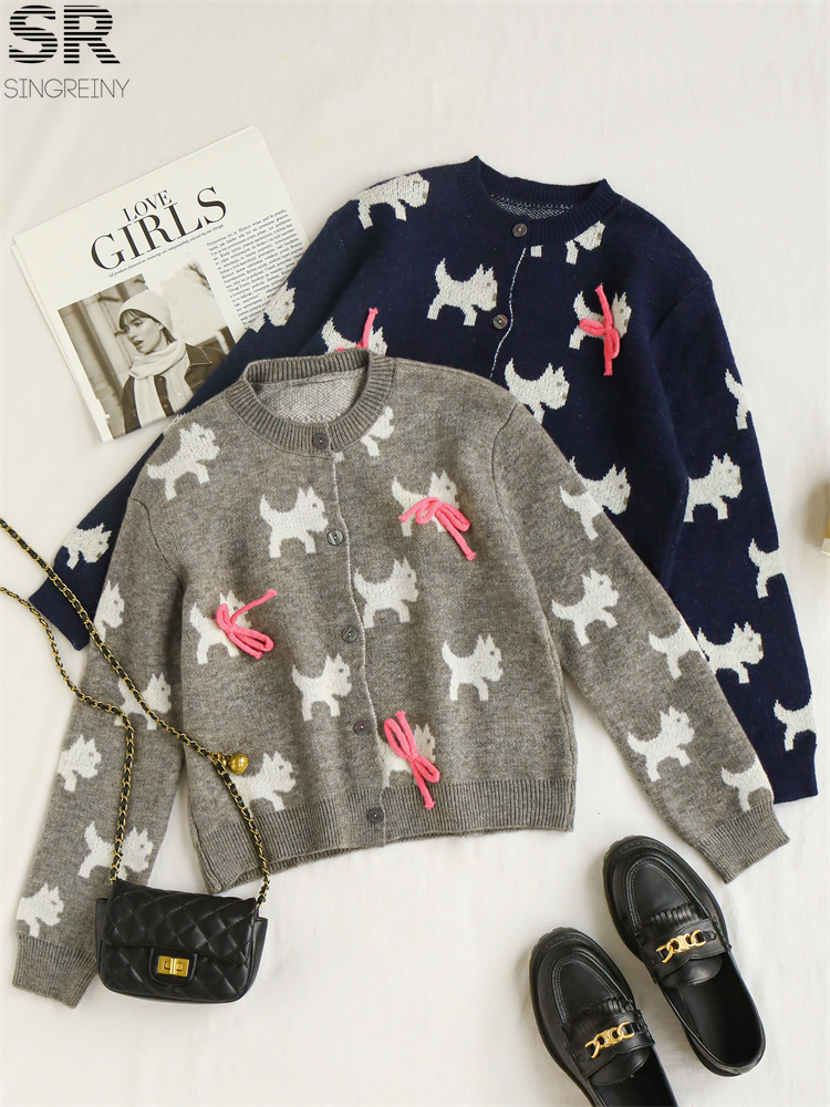 SINGREINY Animal Print Knitting Sweater Autumn Winter Bow Design O Neck Button Design Ladies Soft Warm Lazy Elastic Cardigan