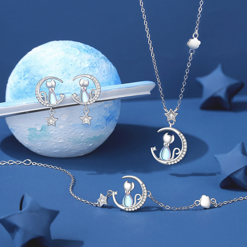 European Sparkling S925 Sterling silver Pave AAA CZ Cat Moon Pendant Necklace Earrings Bracelet For Women Birthday Gift Jewelry