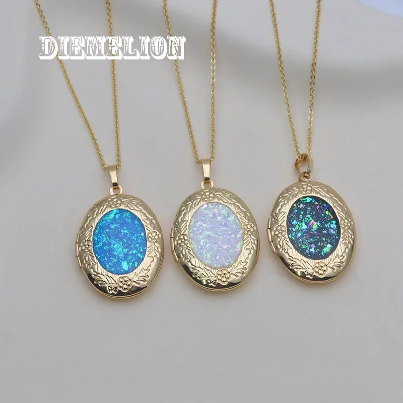 Vintage 18K Gold Plated Oval Blue/White/Black Fire Opal Locket Pendant Necklace for Women Flower Pattern Openable Photo Frame