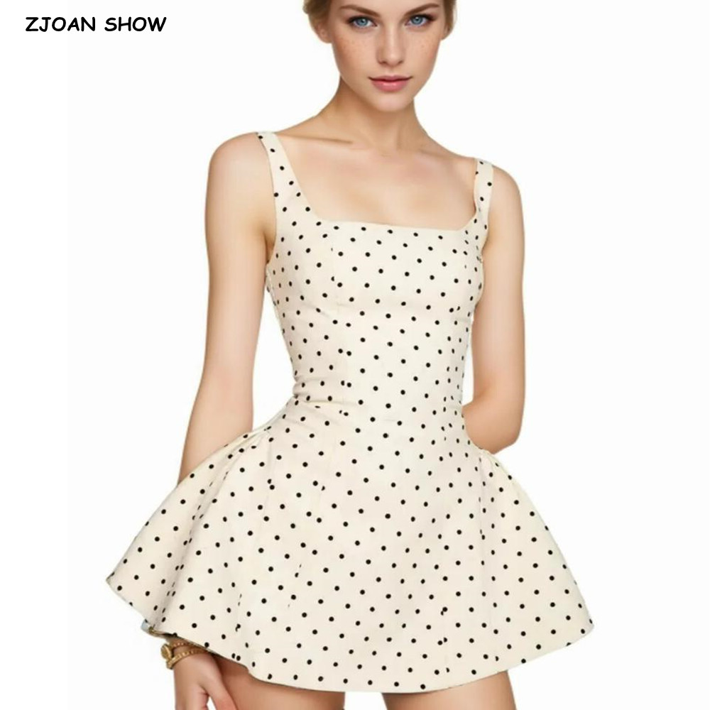 Sweet White With Black Polka Dot Slash Collar Mini Tank Dress Women Cross Lacing up Bow Back Low Waist A line Swing Dresses Robe