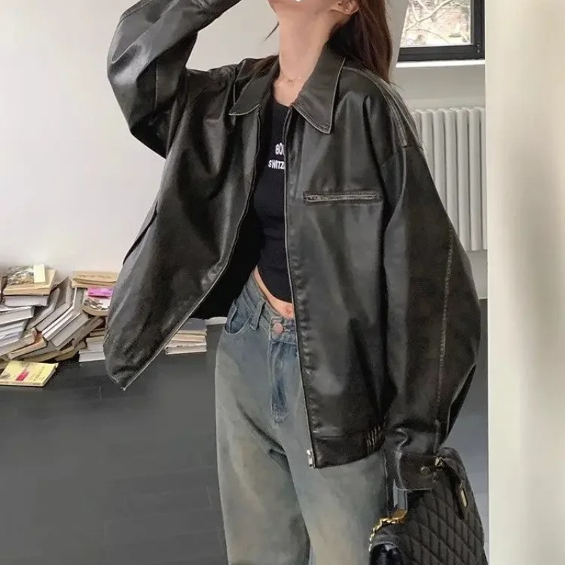 New Year's Popular American Retro Black Leather Jacket Female 2025 New Explosion Motorcycle Jacket Top