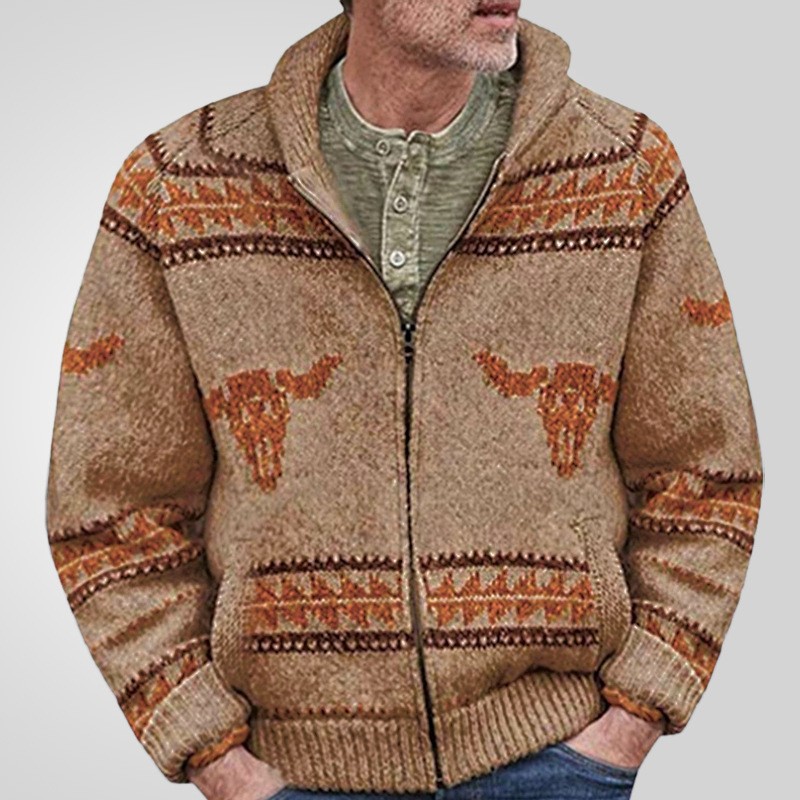 Men's Winter Bull Printed Knit Zipper Cardigan Jacket Long Sleeve Leisure Clothing Vintage Sweater Luxury Streetwear Knitwear