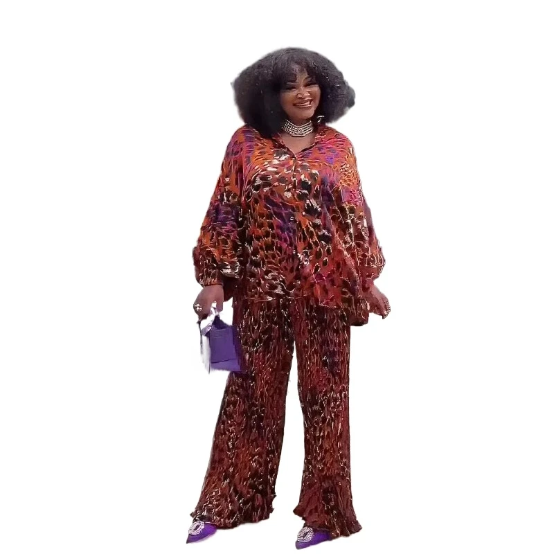 Plus Size African Clothes for Women Autumn Elegant Africa Long Sleeve V-neck Polyester Print 2 Piece Top Long Pant Matching Sets