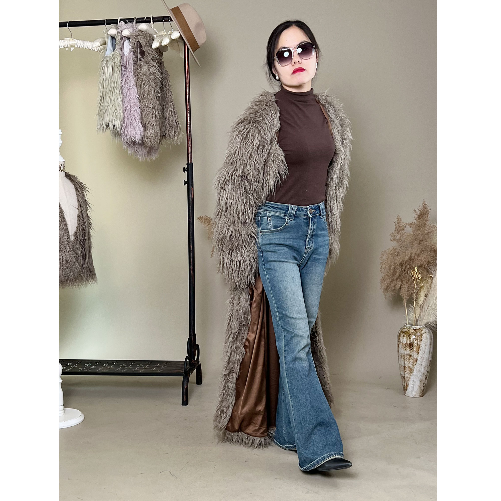 Don&Judy Women Long Coat Full Sleeve Warm Winter Autumn Faux Fur Top Loose Large Size Jacket Maternity Photography Studio Prop