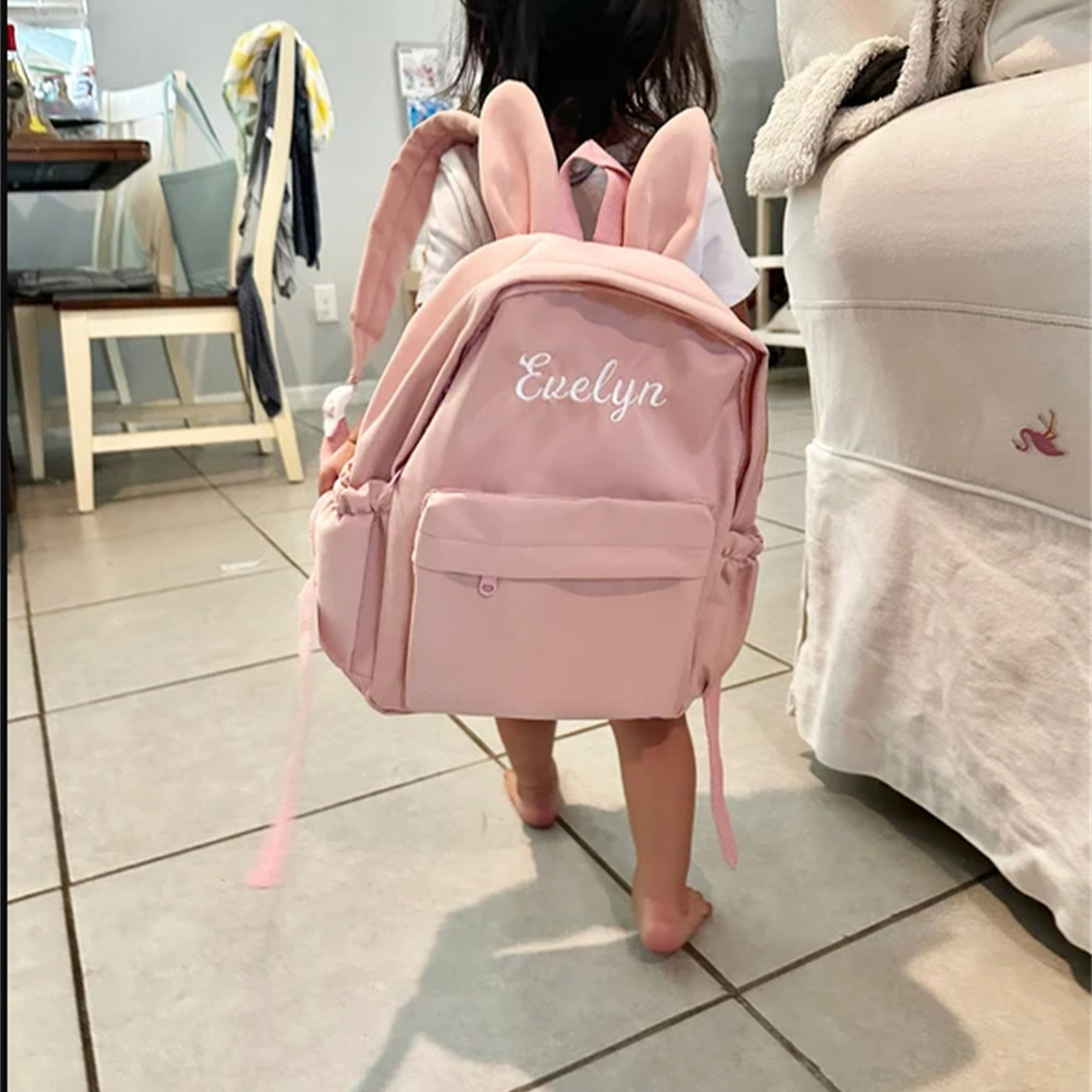 Embroidered Name Rabbit Ear Backpack Personalized Cute Girls Shoulder Bag Nylon Large Capacity Schoolbag Women's Travel Bags