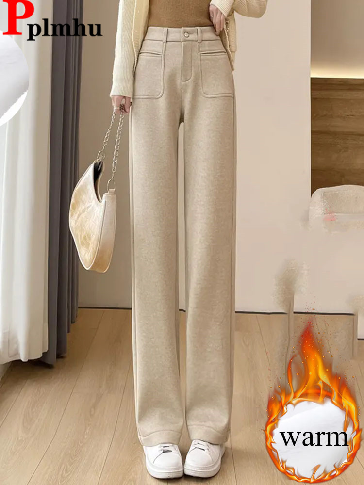 Winter Warm Woolen Loose Straight Pants Women High Waist Thicken Velvet Lined Wide Leg Pantalones Casual Snow Wear Sweatpants