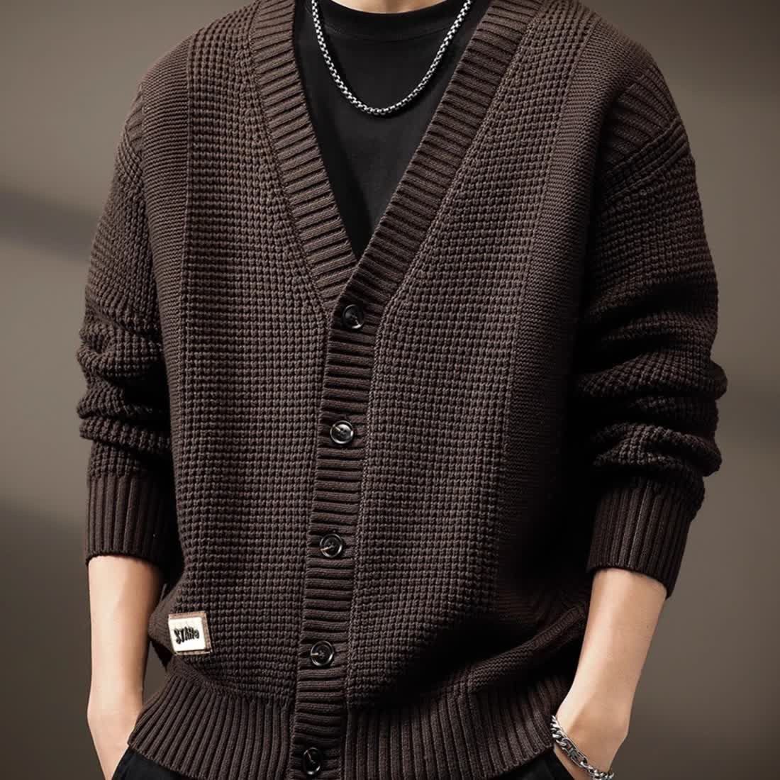 Fashion 2025 Men's Knitted Cardigan Sweater Autumn Winter V-neck Solid Color Coat Coffee Single Breasted Men Korean Mens Clothes