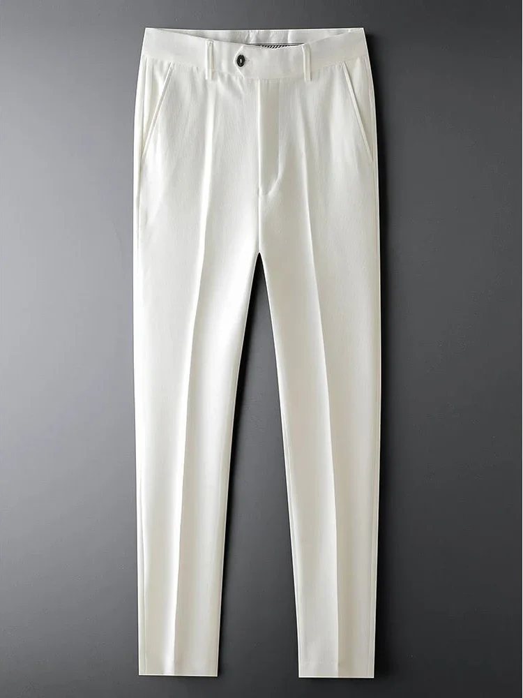Slim Fit 9 Cropped Male Suit Trousers White Men's Summer Pants Tressed Luxury Luxury High Quality Up Stylish Formal 2024 Slacks