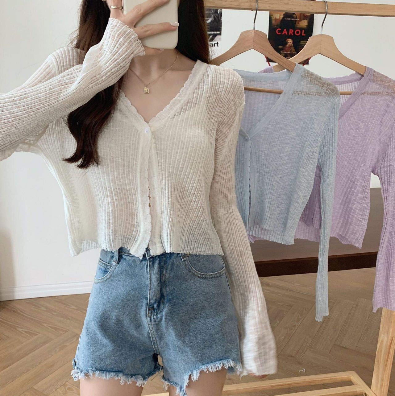 Thin Summer V-neck Cardigan Long Sleeve Knitted Sweater for Women Korean Version Versatile Short Top Female Sunscreen Coat
