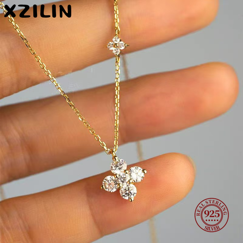XZiLin Real S925 Sterling Silver Twin Four-Leaf Clover Necklace Plated With 18K Gold Collarbone Chain For Women Gift