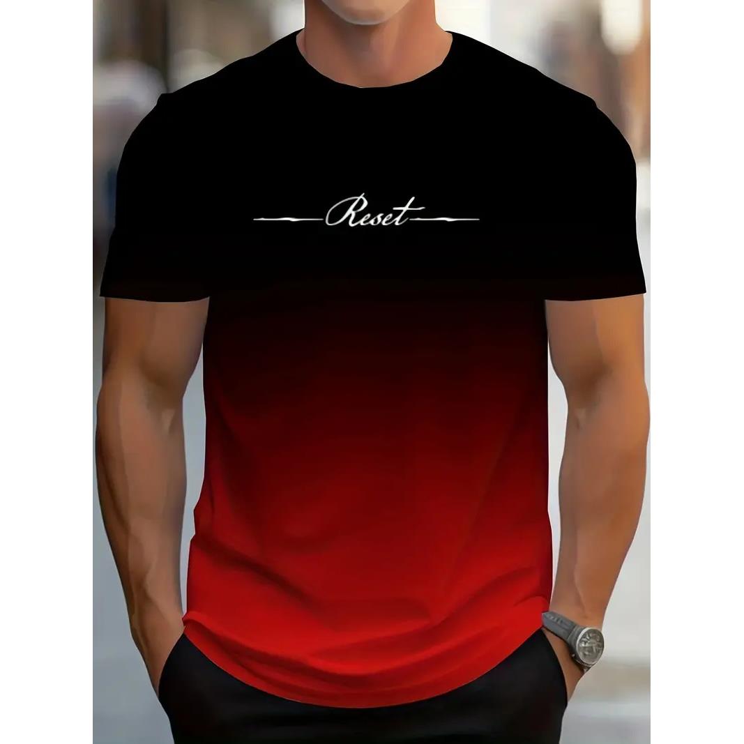 Men's Gradient Reset Letter 3D Printed T-shirt Summer Outdoor Casual Sports Quick Drying Short Sleeve Top Plus Size Men Clothing