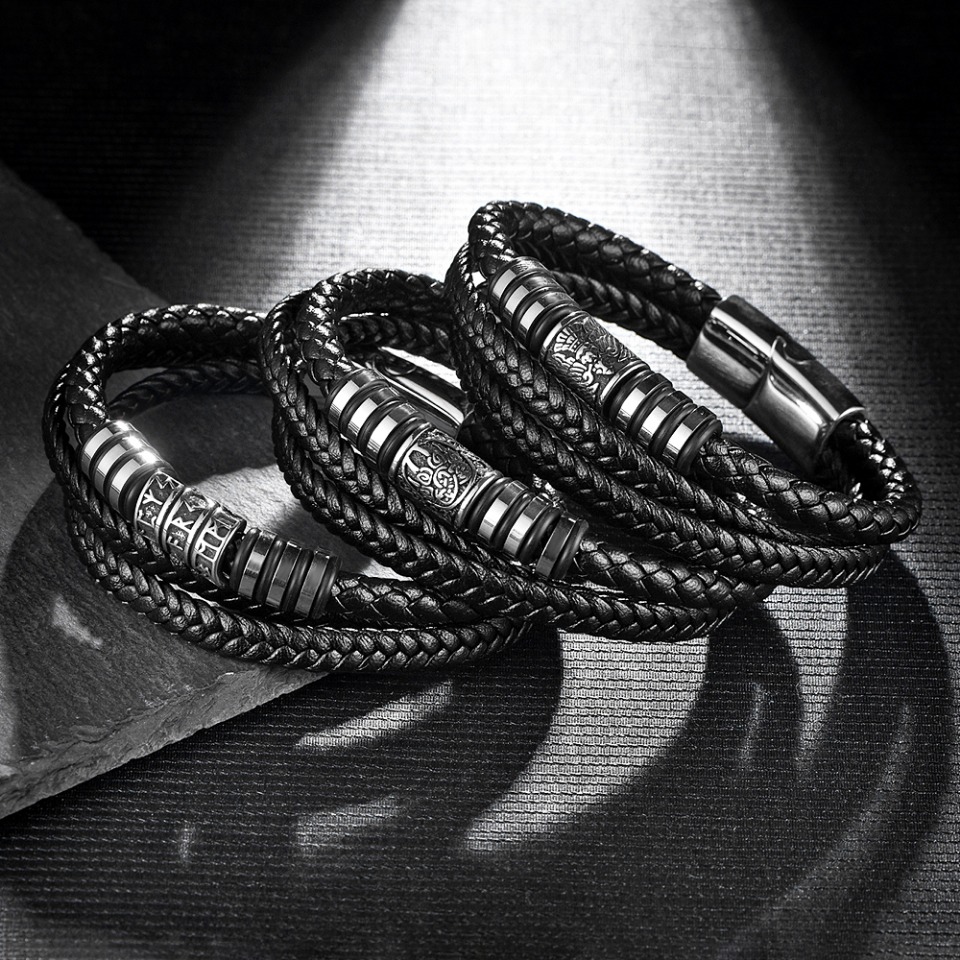 Nordic Stainless Steel Vikings Celtic Knot Bracelet Fashion 3 Layers Braided Leather Rope Bangles For Men Women Vintage Jewelry
