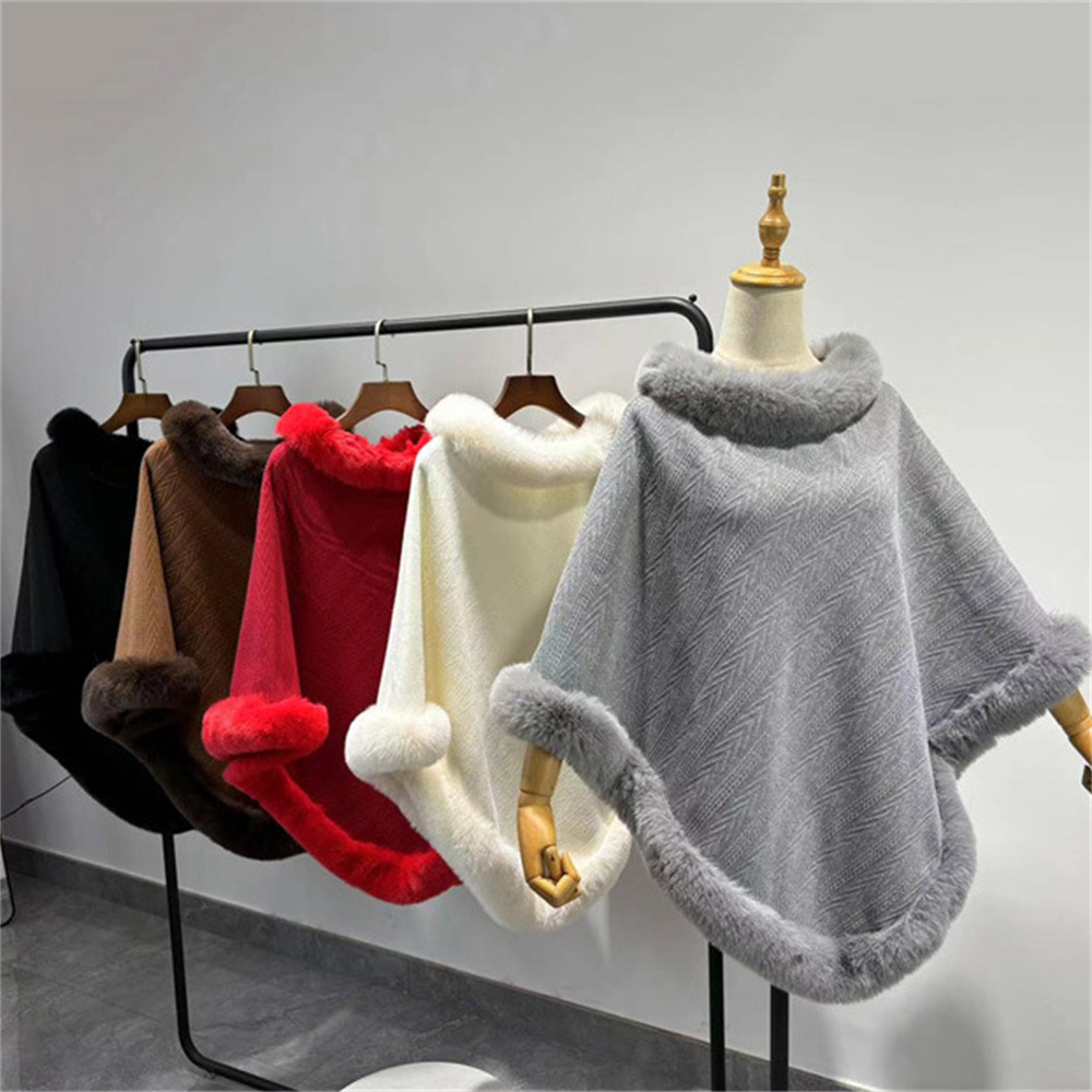 2024 Faux Fur O Neck Bat Type Triangle Loose Jacquard Weave Pullover Shawl Cape Women Winter Warm Thicken Poncho Long Overcoat