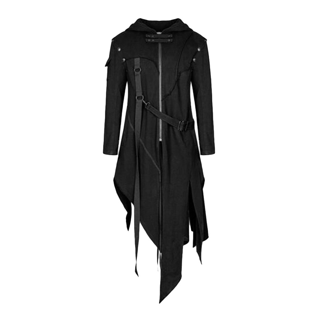 Medieval Retro Asymmetrical Hoodie Long Jackets Men's Halloween Cosplay Gothic Zipper Buckle Outwears Coats Steampunk Tailcoat