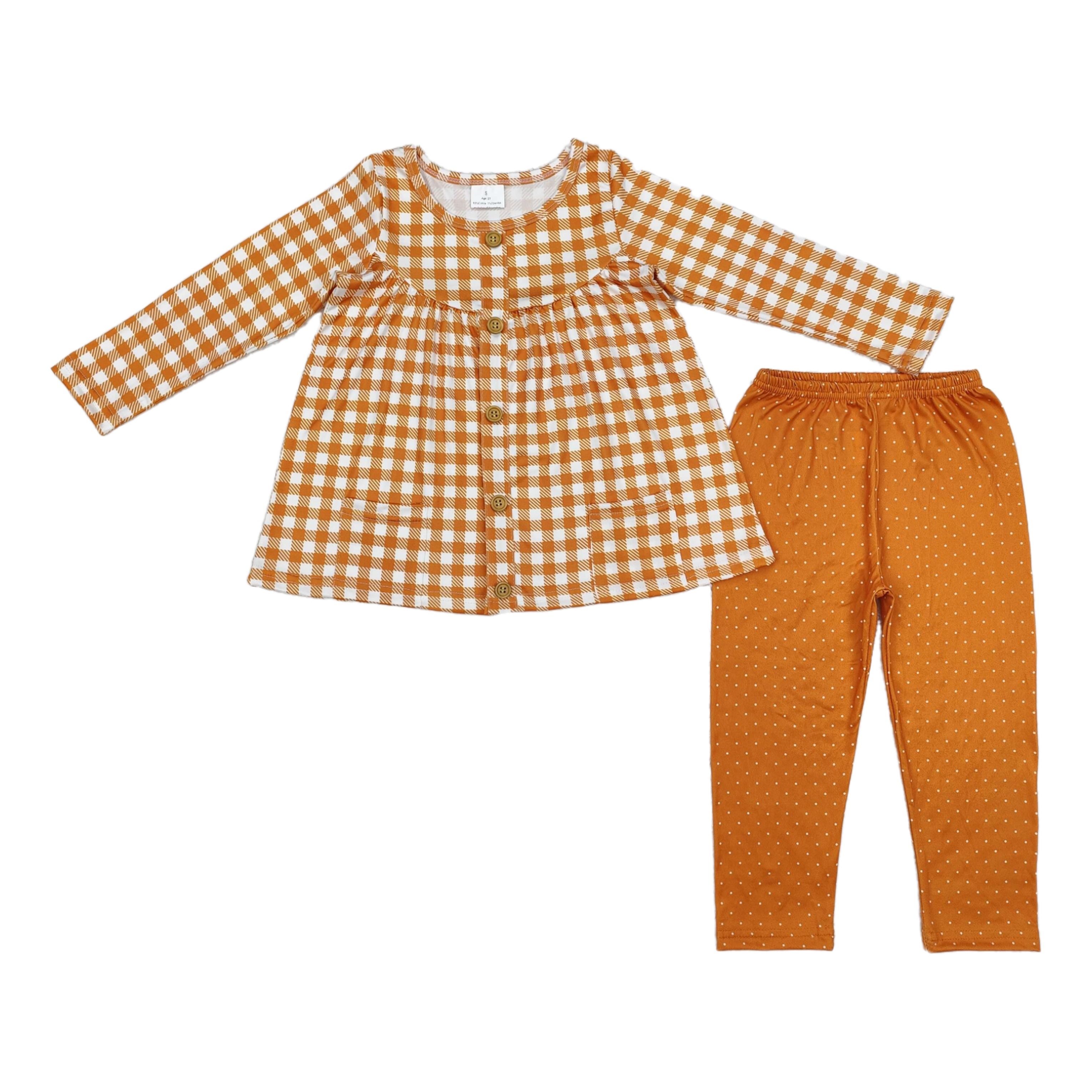 Wholesale Toddler Autumn Outfit Baby Girl Long Sleeves Checked Pocket Tunic Children Leggings Dots Pants Kids Spring Clothes Set