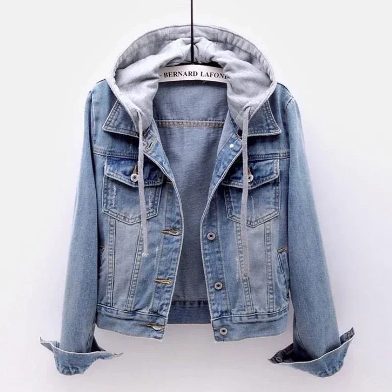 New Women Hooded Denim Coat Button-up Casual Short Jackets with Pockets Girls Solid Slim Fit Outerwear High Street Cardigans