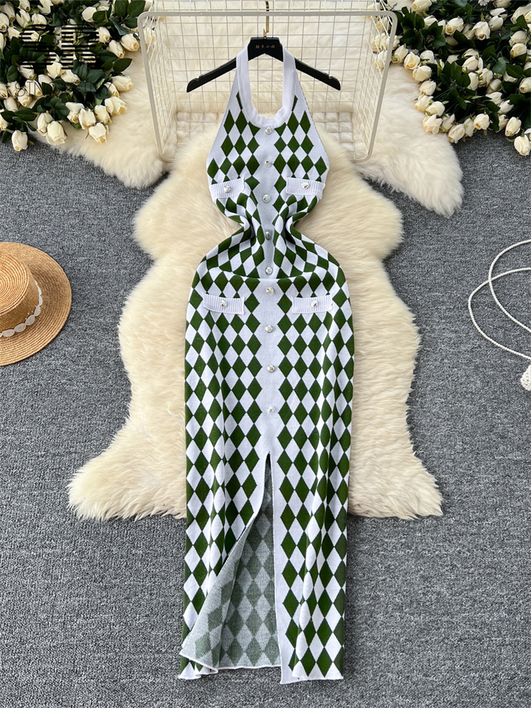 SINGREINY Argyle Split Knitted Dress Women Halter Sleeveless Backless Ladies Metal Single Breasted Sexy Slim Vacation Long Dress