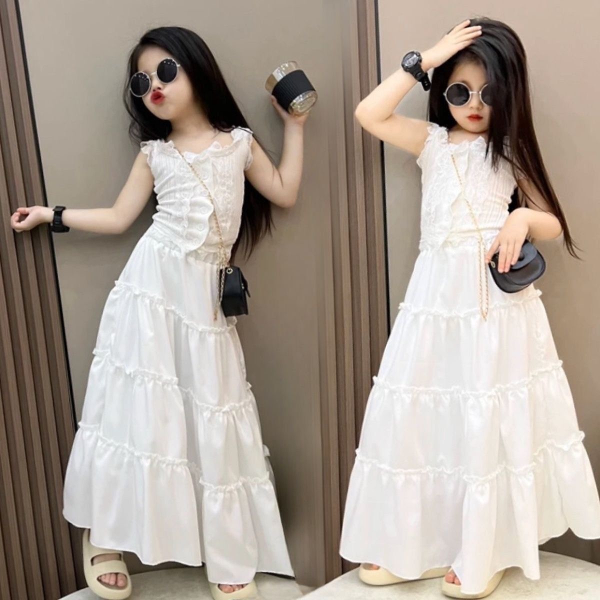 D21 Girls 2025 French suits summer new lace camisole vest fashionable all-match skirt long skirt two-piece suit-image-1066260241