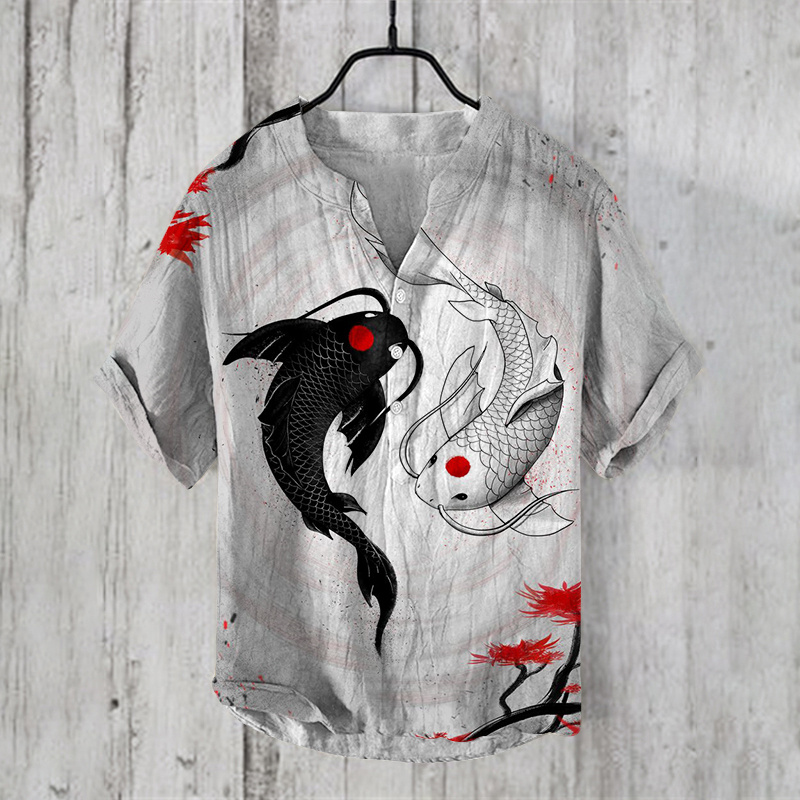 Men's summer new style Chinese yin-yang fish art pattern printed shirt, high-quality linen fabric short sleeved top shirt