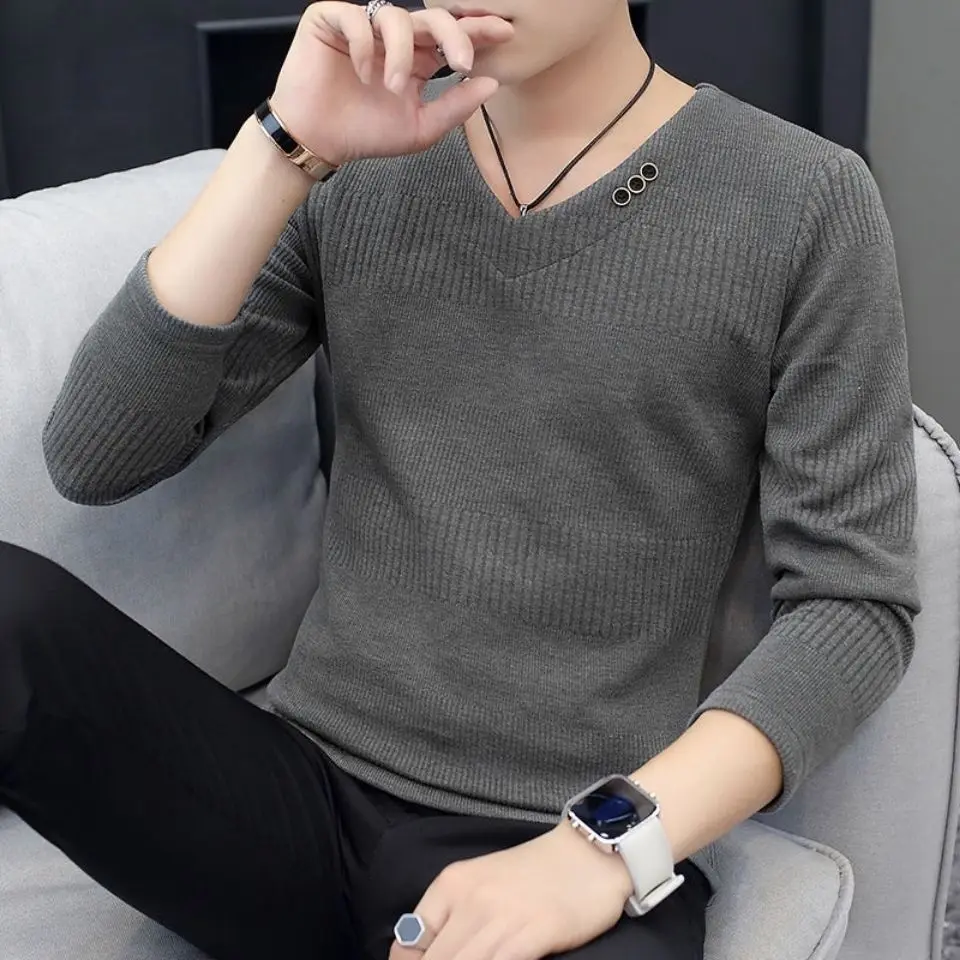 Black Knitted Sweaters for Men Fleeced V Neck Pullover Man Solid Color Warm Knitwear High Quality Loose Fit Vintage Jumpers Y2k