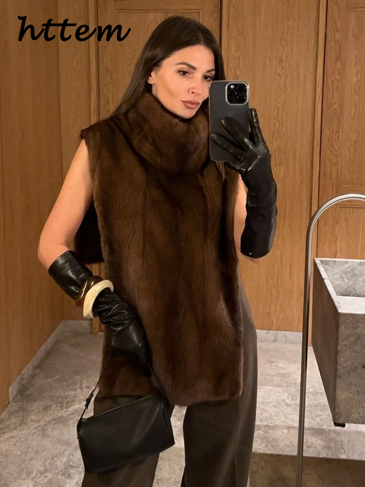 Fashion Women's Turtleneck Furry Waistcoats Loose Sleeveless Female Cape Vests 2025 Early Spring Lady Street Luxury Tank Tops
