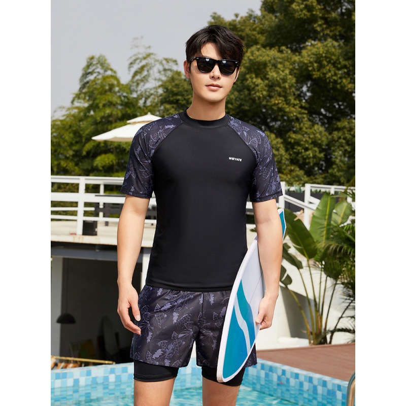Men's 2pcs/set Rash Guards Short Sleeve Quick-Dry Dive Skin Sun Protection Compression Swim Shirts and Trunks Swimsuit Beachwear