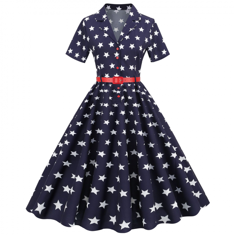 Independence Day American Flag Print Button Up Vintage Dress Summer Women Short Sleeve High Waist Retro Swing Dresses with Belt