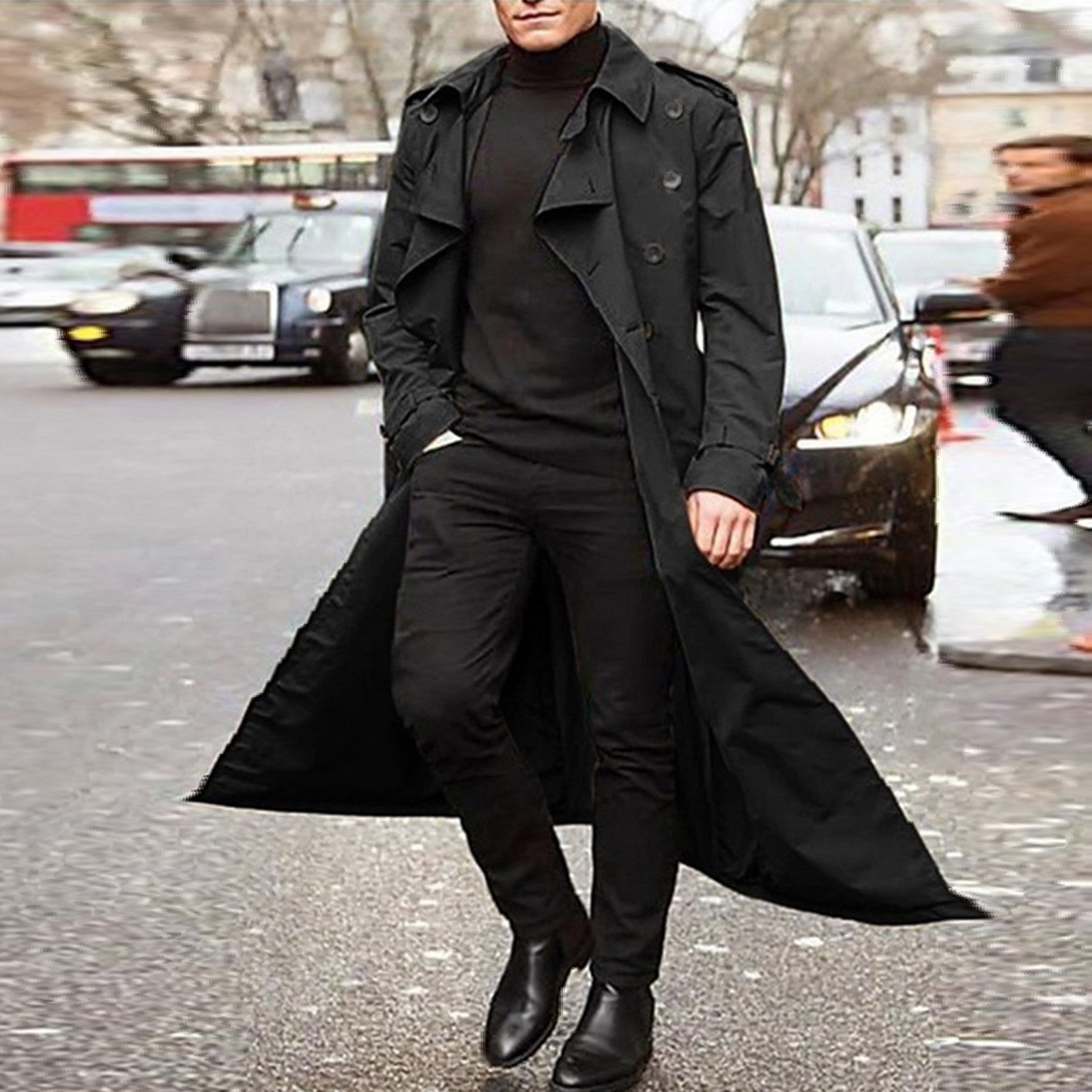 Autumn Winter Men Trench Coat Stylish Long Windbreaker Double Breasted Long Sleeve Windproof Jacket Belt Outdoor Trench Coat