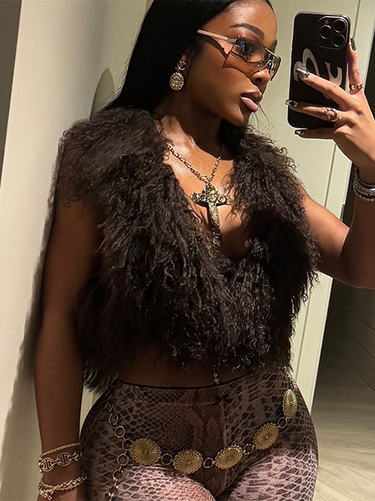 New Fluffy Faux Fur Halter Cropped Top For Women 2025 Sexy Backless Sleeveless Tank Vest Female Chic Street Club Party Chic Tops