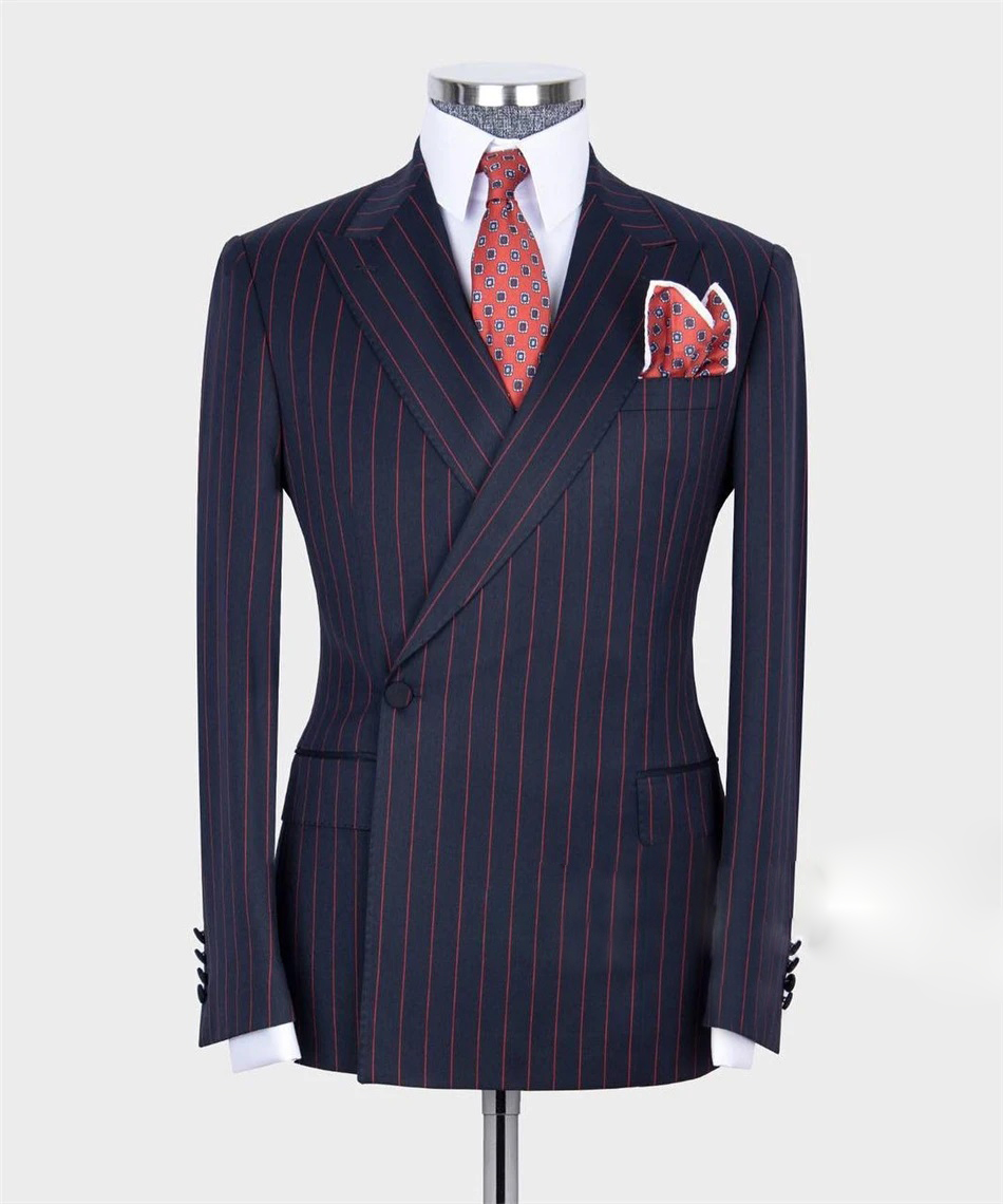 Men's Suit Navy Blue Striped Double Breasted 2pcsWear Suits Blazer Pants Autumn/Winter Formal Business For Wedding Groom Tuxedo