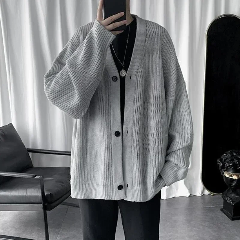 Knit Sweater Male Black Coat Cardigan Men's Clothing Japanese Harajuku Fashion V Neck Plain Solid Color Jacket Knitwears X Ugly