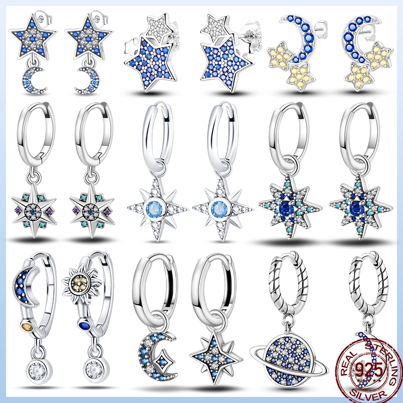 Earrings 925 Sterling Silver Spring Gold Shiny Zircon Star Moon Sun Earrings Luxury Party Jewelry Gift Birthday Anniversary