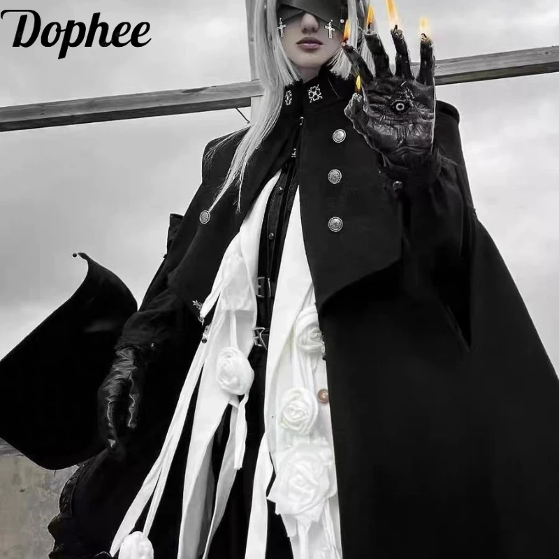 Dophee Original Autumn Winter Women Cape Windbreaker Coat Dark Gothic Stand Collar Double-breasted Elegant Cloak Trench Coats