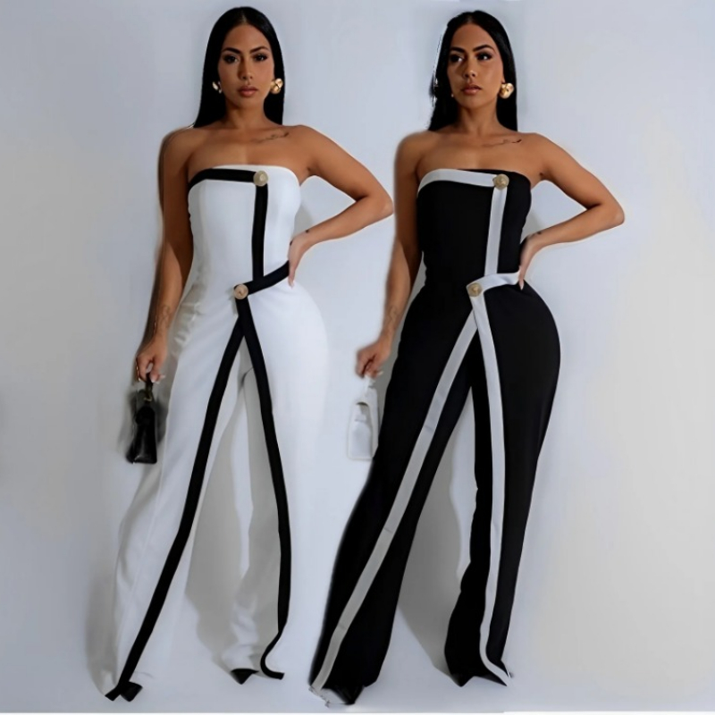 Leosoxs Women's Elegant Button Sleeveless Strapless Irregular Jumpsuits 2025 Wide Leg Outfits Night Club Streetwear One Piece