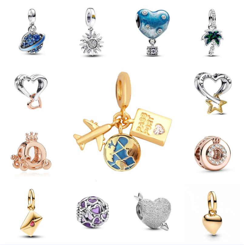 Breloques de créateur de voyage romantique en émail cristal, perles amples à grand trou, sans LOGO, pendentif en forme de cœur en alliage, bijoux
