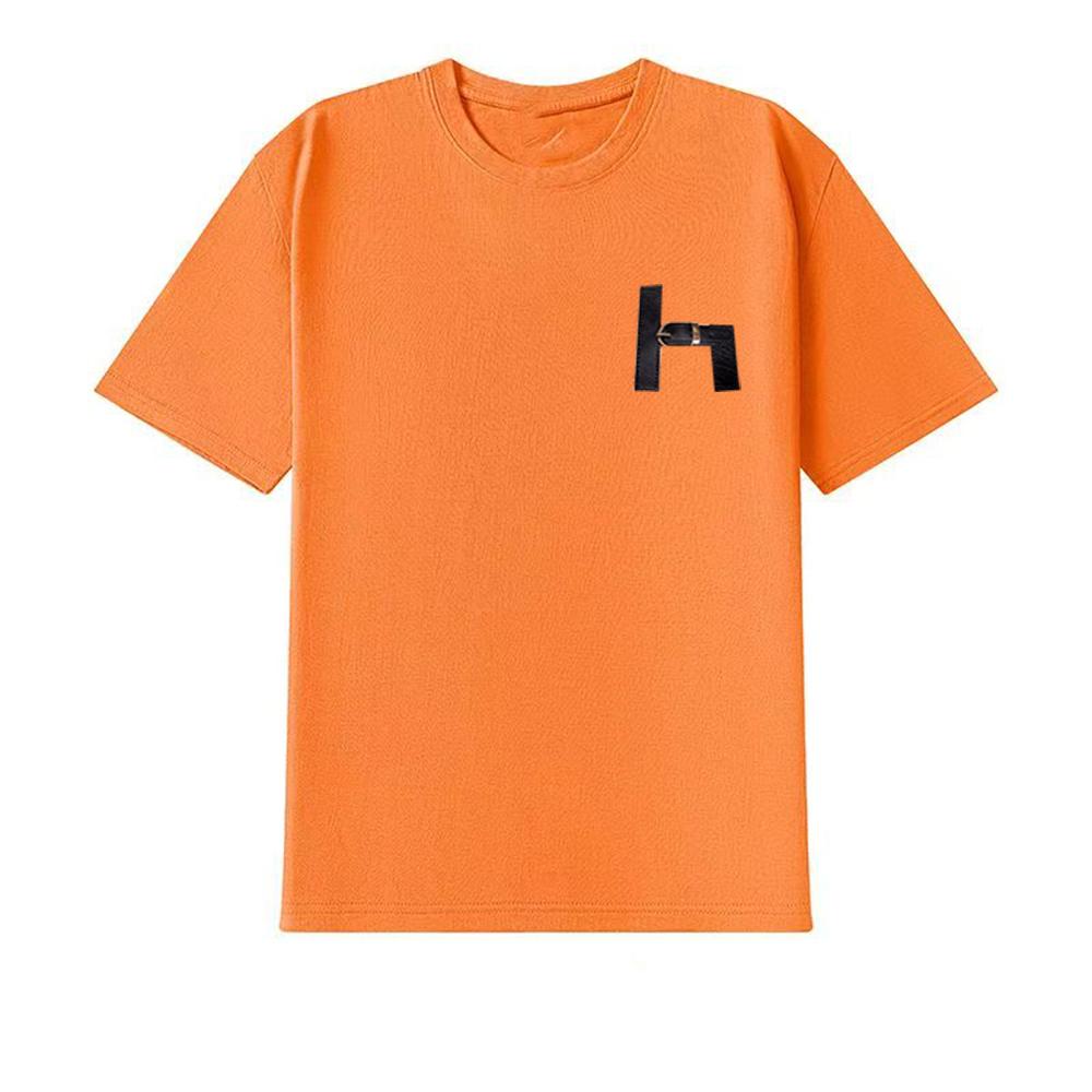 Hermrs Orange Brand Luxury Mens T Shirts High Leather Budge Designer Man Tshirts Tops Shirts Patterns Printed Summer Breathable Short Sleeves Heemes