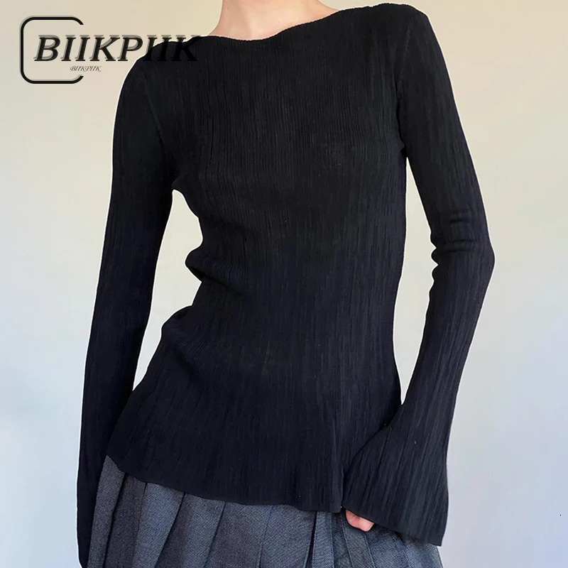 BIIKPIIK Casual Flare Sleeve Knitted Tops Simple Black Slim Fit Women Tees Autumn Winter All-match Bottoming Tops Basic T-shirts 250714BJ