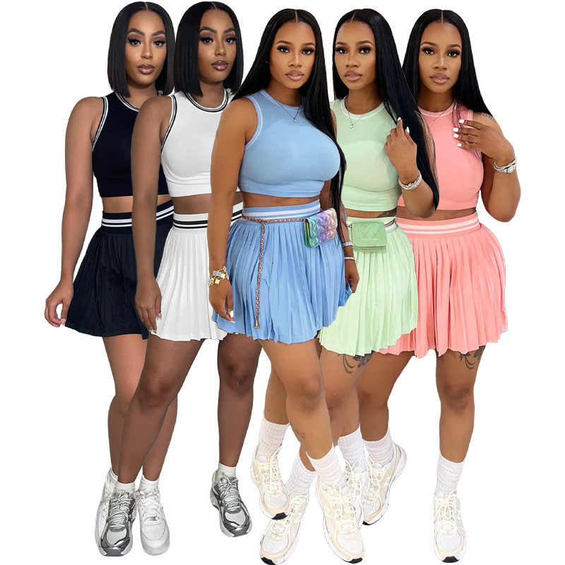 Sporty Casual Two Piece Set for Women Zip Up Tank Top and Mini Skirt Sets 240806