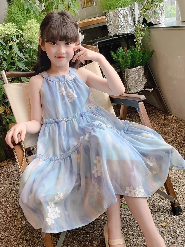 D31 Girls dresses summer middle and large children summer net celebrity floral dress small fresh girl hot style sleeveless dress thin style-image-1066408147