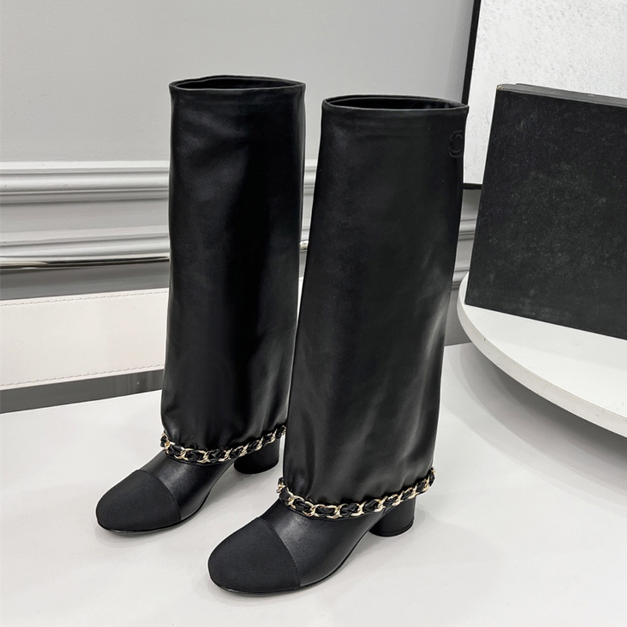 Designer Boots Fashion Knee Boots Short Boots Leather Half Boots Slip-On Trave Chunky Heel Shoes Women Chains Shoes Casual Daily Outfit Boots