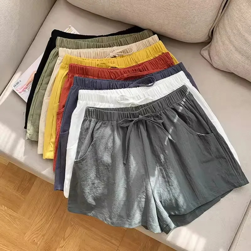 Cotton Linen Shorts Sports Summer Solid High Waist Black Short Fashion Plus Size Casual Basic Pants y250704