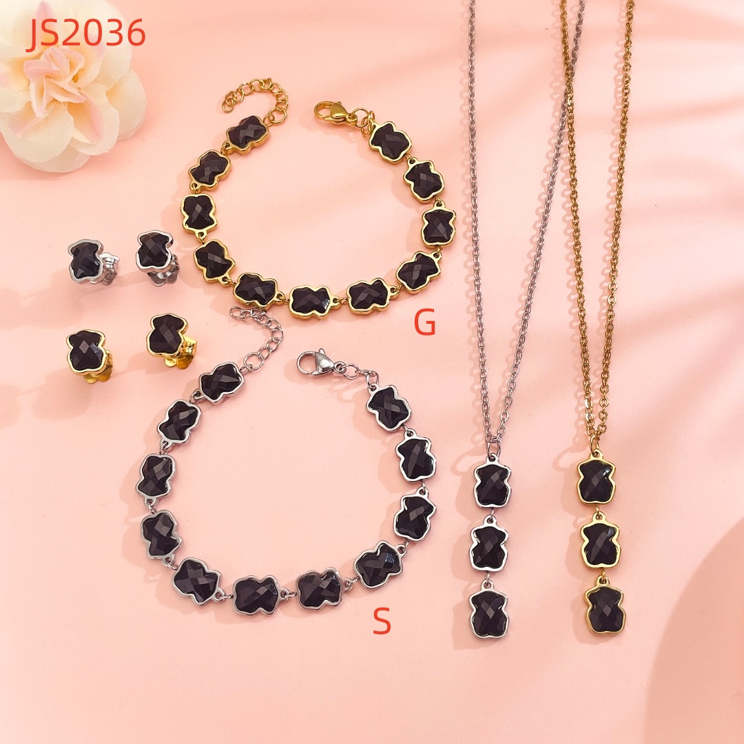 Fashion Women Men Silver Rose Gold Bear Stainless Steel Bear Cartoon White Zircon Black Glass Bracelet Pendant Necklace Stud Earrings Sets Jewelr-image-1066528540