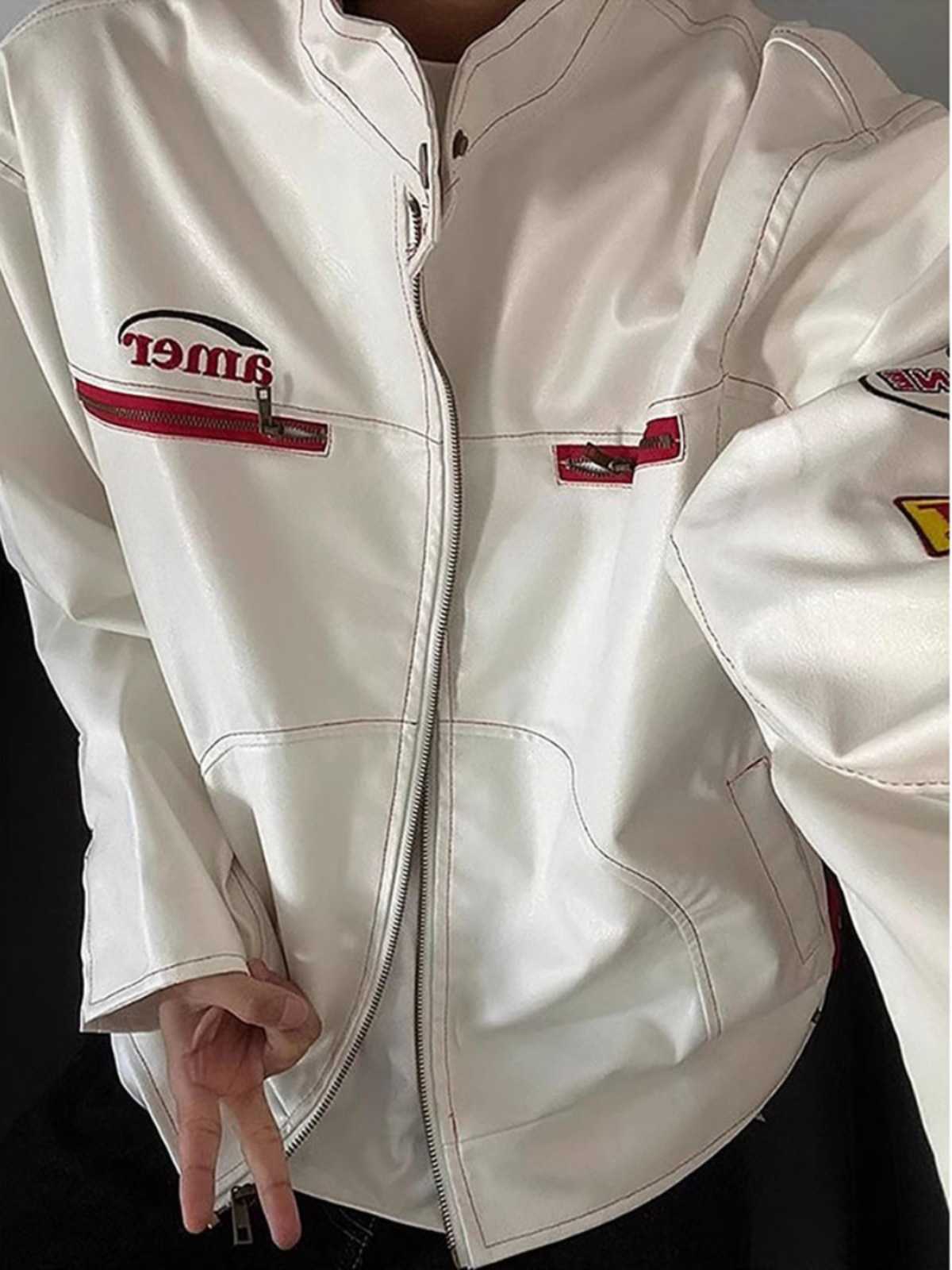 White cropped leather jacket, men's autumn and winter American high arcade bike, trendy brand, high-end stand-up collar embroidered jacket L