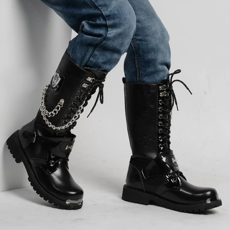 Men Fashion Motorcycle Boots Mid-calf Breathable Combat Boots Gothic Belt Punk Boots Men Shoes Hightop Casual Steel Toe Shoes 250725