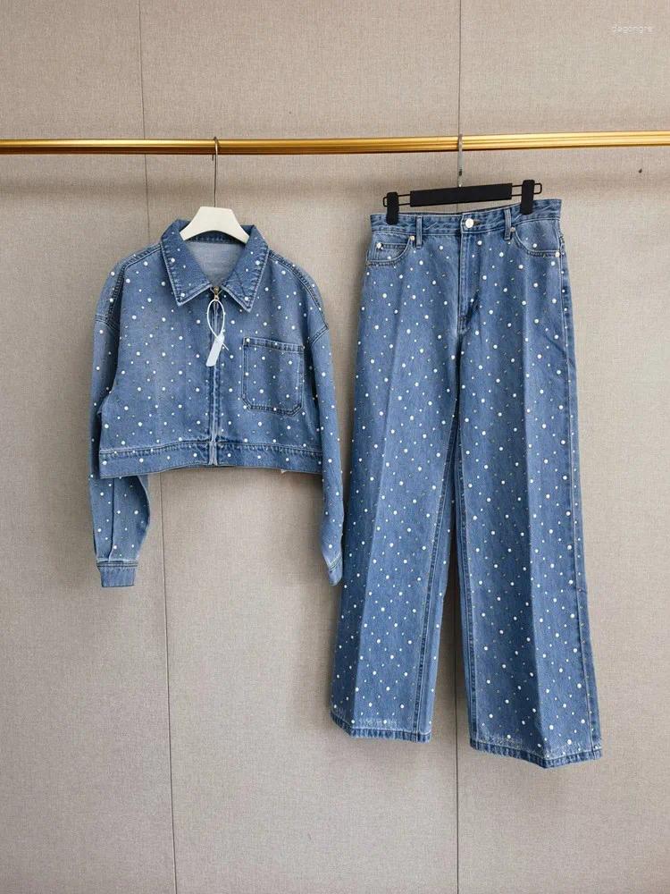 Women's Jackets 2025 Spring Women Diamond Decoration Blue Jacket Pants Fashion Denim Set
